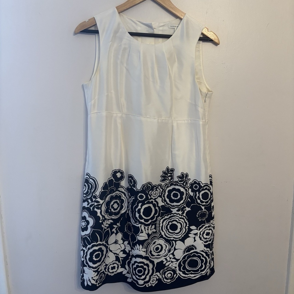 Banana Republic Women's Silk Ivory Black Floral Sleeveless Sheath Dress Y2K Sz 8